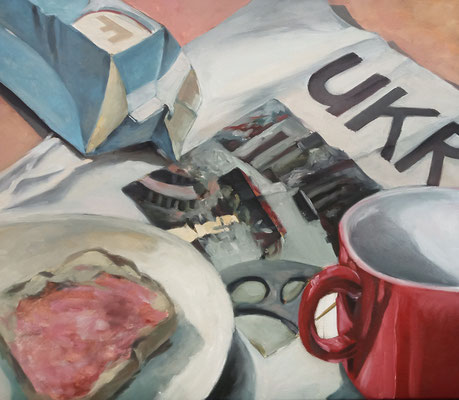 Keilrahmen "Frühstück in Zeiten des Krieges" – Öl, 60 x 50 cm