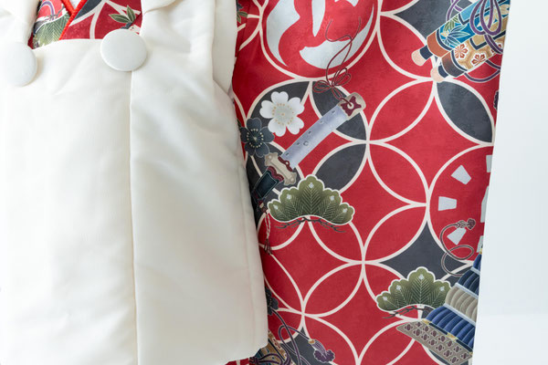 3歳　被布　男の子　85-105cm　katana-kimono-red × muji-coat-white
