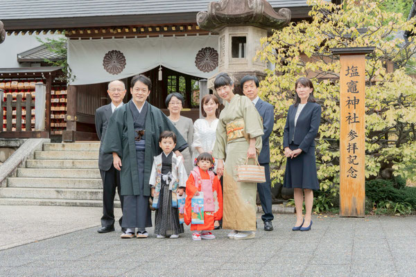 七五三 塩竃神社 名古屋市 ロケーション撮影 3歳女の子 5歳男の子 全員着物