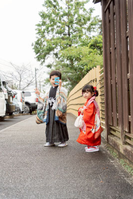 七五三 塩竃神社 名古屋市 ロケーション撮影 3歳女の子 5歳男の子 全員着物