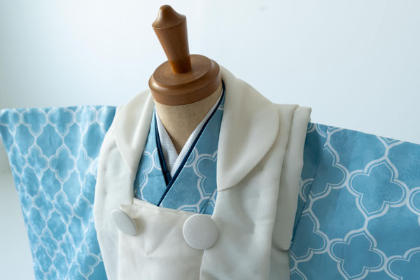 3歳　被布　男の子　85-105cm wagara-kimono-sky × muji-coat-white