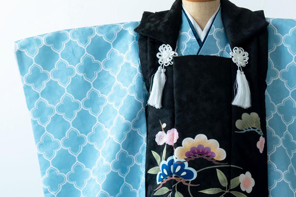 3歳　被布　男の子　85-105cm wagara-kimono-sky × matsu-coat-black