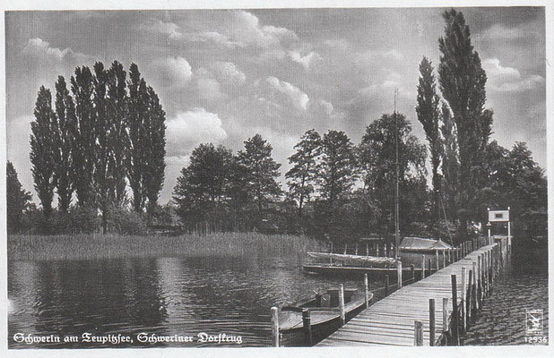 Schweriner Dorfkrug in Schwerin a. Teupitzsee, Bes. Curt Kreis - Fernruf Teupitz (Mark) 141, Post über Gr. Besten, Kreis Teltow, Eisenbahnstation Teupitz - Gr. Köris, Postkarte, ungelaufen  (Archiv)