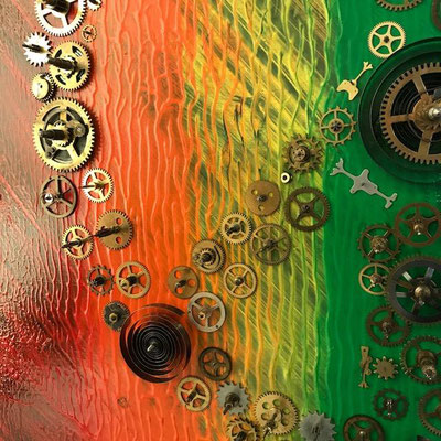 tableau creation art artiste toile arc-en-ciel couleurs horlogerie mécanisme montres engrenage retro vintage steampunk décoration paix amour