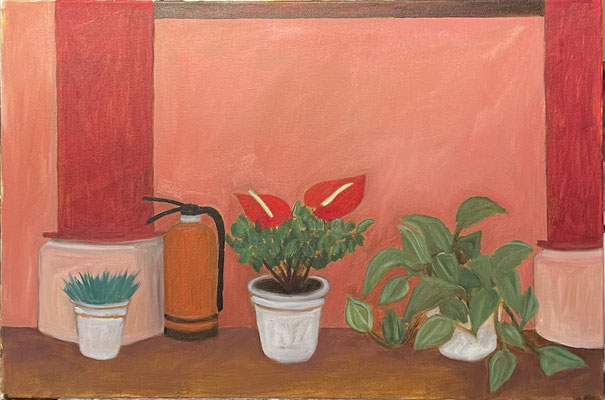 2024 im Tempel (50x75). Öl auf Baumwolle