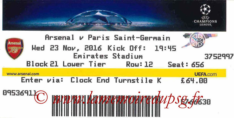 Ticket  Arsenal-PSG  2016-17 