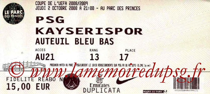 Tickets  PSG-Kayserispor  2008-09