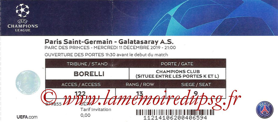 Ticket  PSG-Galatasaray  2018-19