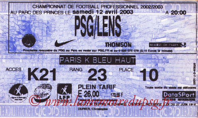 Tickets  PSG-Lens  2002-03