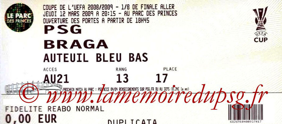 Tickets  PSG-Braga  2008-09