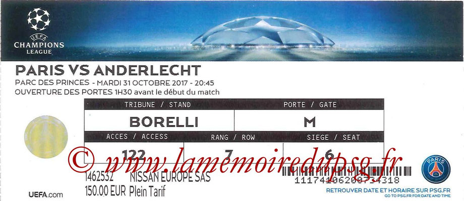 Ticket  PSG-Anderlecht  2017-18 