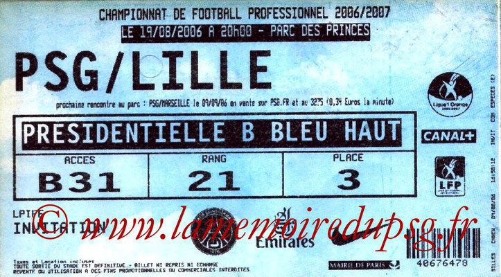 Tickets  PSG-Lille  2006-07