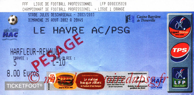 Tickets  Le Havre-PSG  2002-03