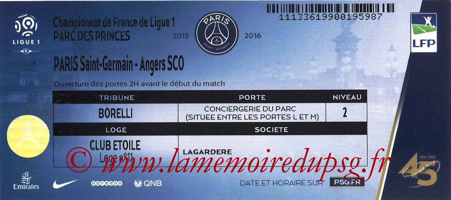 Tickets  PSG-Angers  2015-16