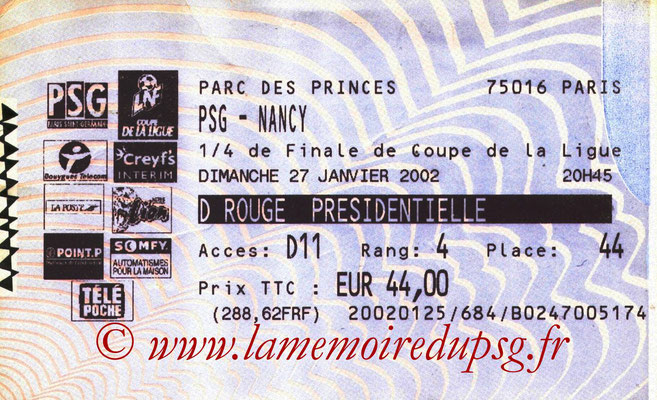 Tickets  PSG-Nancy  2001-02