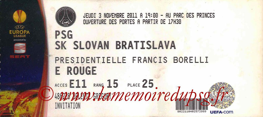 Tickets  PSG-Slovan Bratislava  2011-12