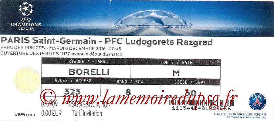 Ticket  PSG-Ludogorets  2016-17