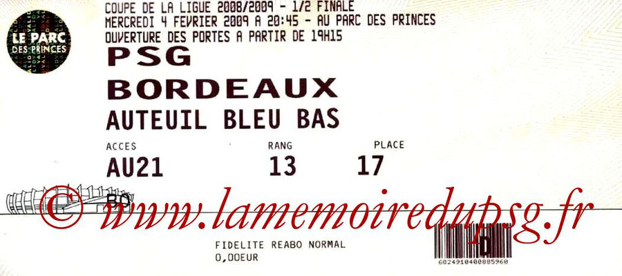 Tickets  PSG-Bordeaux  2008-09