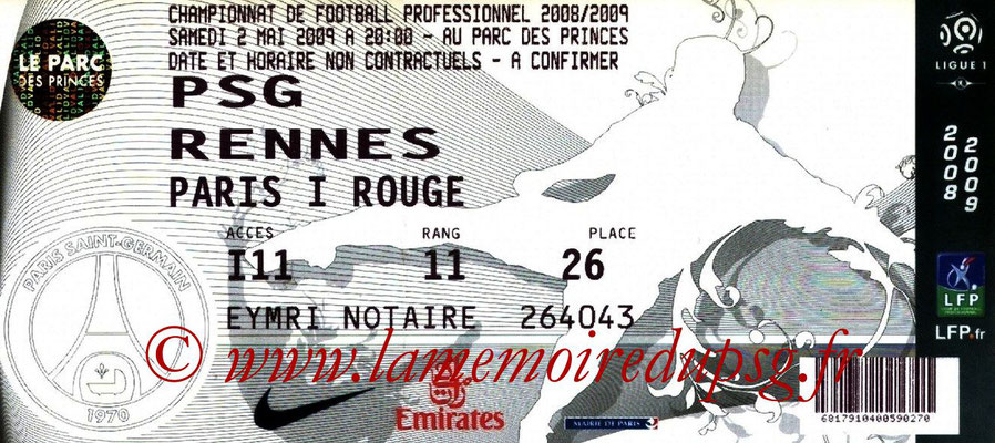 Tickets  PSG-Rennes  2008-09