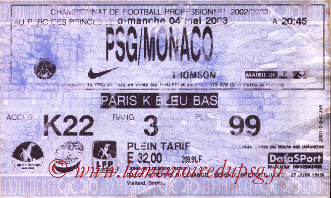 Tickets  PSG-Monaco  2002-03