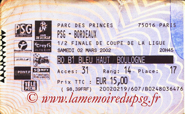 Tickets  PSG-Bordeaux  2001-02