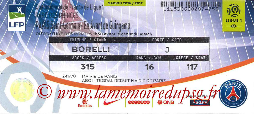 Tickets  PSG-Guingamp  2016-17