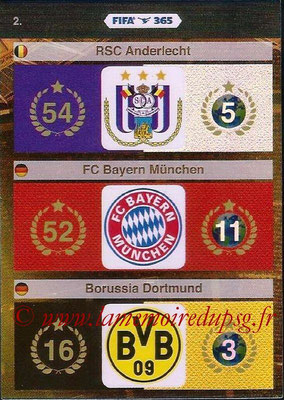 2015-16 - Panini Adrenalyn XL FIFA 365 - N° 002 - Logo et Palmarès RSC Anderlecht + FC Bayern Munich + Borussia Dortmund