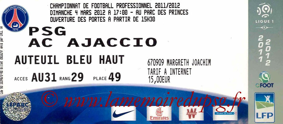 Tickets  PSG-AC Ajaccio  2011-12