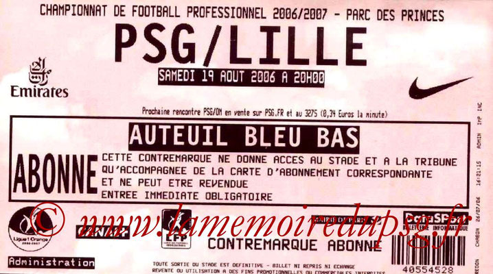 Tickets  PSG-Lille  2006-07