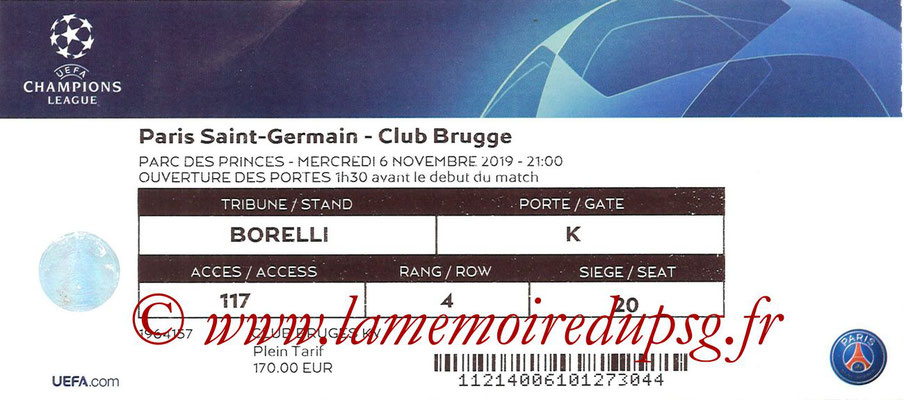 Ticket  PSG-Bruges  2018-19