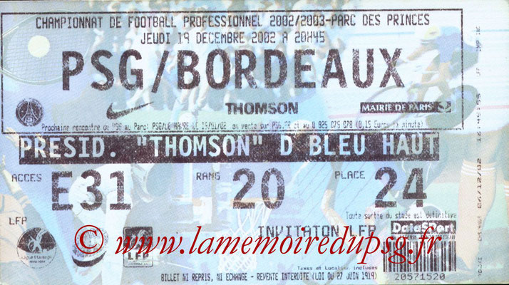 Tickets  PSG-Bordeaux  2002-03