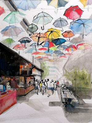Umbrella Alley, 30x40cm, ink and aquarelle on paper ----sold