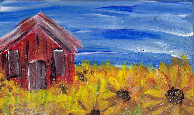 "Red Barn With Sunflowers" acrylic on wood