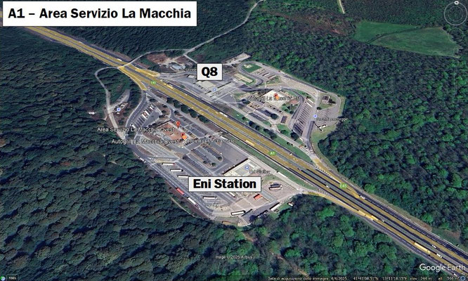 Area servizio La Macchia. Infografica comparativa tra un'area di servizio isolata sull'autostrada A1 e la densità di distributori a ridosso delle abitazioni nel PdZ 22 di Tor Bella Monaca
