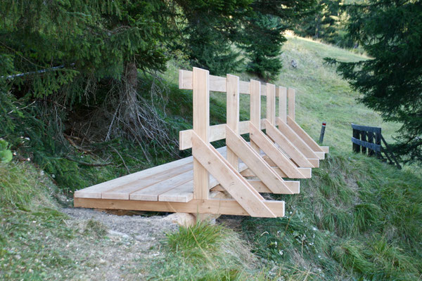 Holzbauwerk aus Lärche als kleine Holzbrücke im Aussenbereich in Berglandschaft