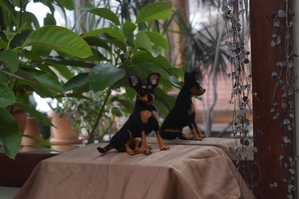 handgefilztes Prager Rattler Hundeportrait sitzend aus Wolle