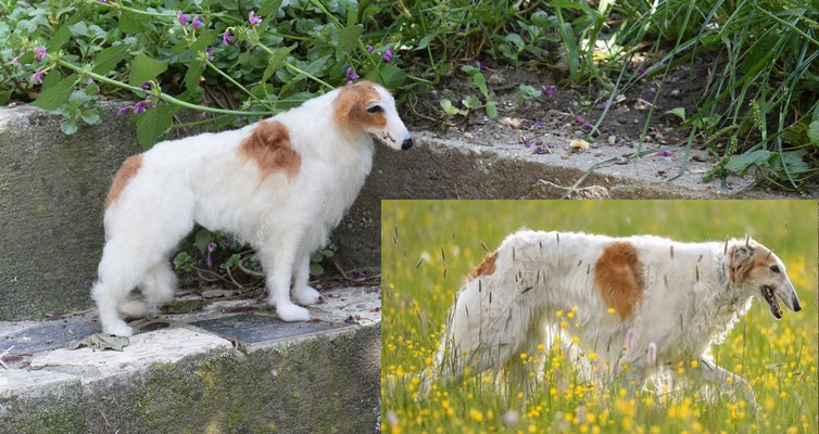 handgefilztes Barsoi Windhund Tierportrait stehend aus Wolle realistisch