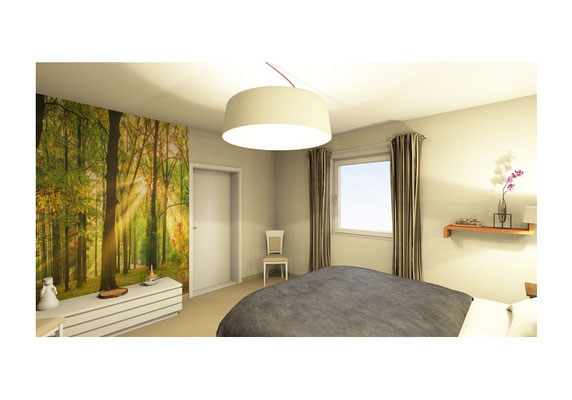 Schlafzimmer mit Fototapete und natürlichem Ambiente