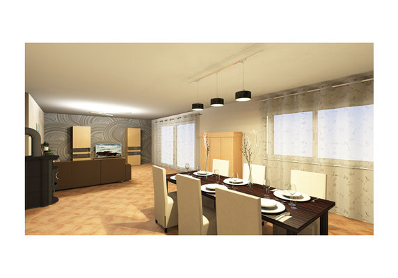 modernes Wohne-Esszimmer, warme Farben