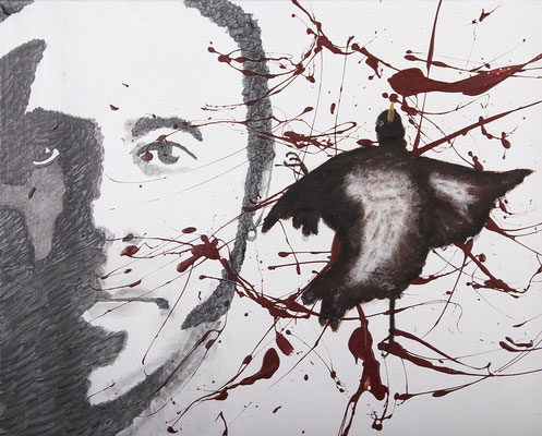 Self portrait with dead bird    Acrylic on canvas 76.5cm x 61.5cm