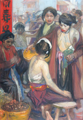Adjugé 14 740 € - FOUQUERAY Charles Dominique, Scène de marché, Hanoi, 1921,  gouache, 116 x 81 cm