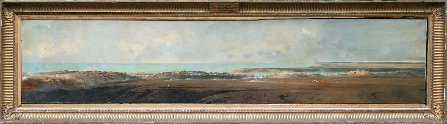 Adjugé 47 865 € - DURAND-BRAGER Jean-Baptiste, Sébastopol, panorama pris des batteries anglaises, 1857, huile sur toile, 57 x 270 cm