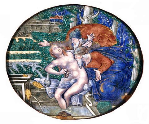 Adjugé 19 615 € - PLAQUE en émail de LIMOGES figurant Suzanne et les Vieillards, 17 x 21 cm