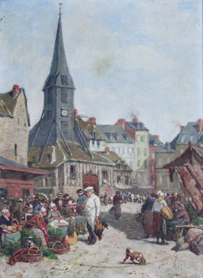 Adjugé 21 820 € - DUBOURG Alexandre, Scène de marché à Honfleur, huile sur toile, 54 x 35 cm