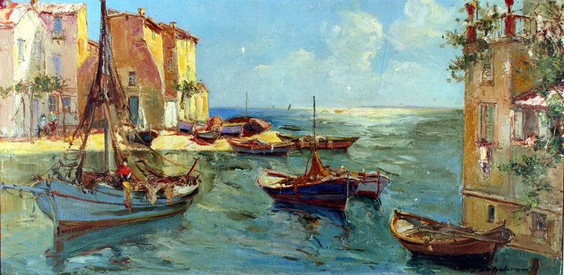 Adjugé 18 490 € - LAPCHINE Georges, Port méditerranéen (Les Martigues ?), huile sur toile, 50 x 100 cm