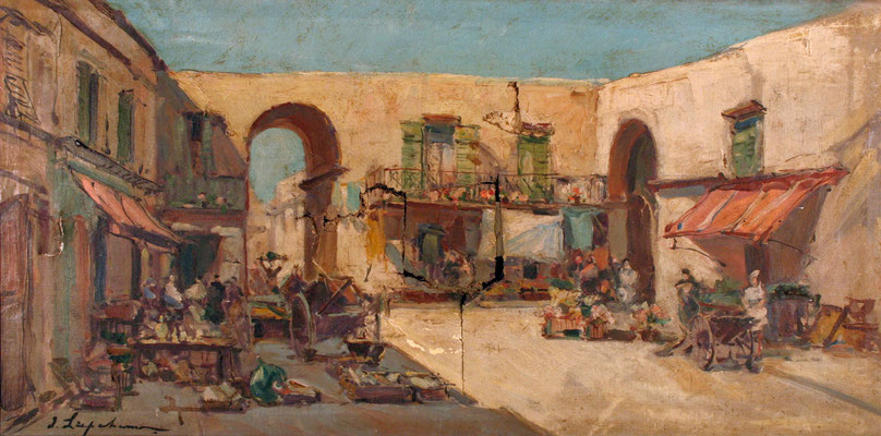 Adjugé  17 330 € - LAPCHINE Georges, Marché dans une ville méridionnale, huile sur toile, 40 x 80 cm