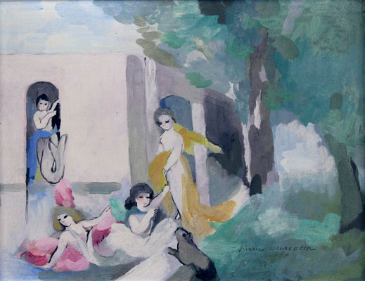 Adjugé 21 230 € - LAURENCIN Marie, Scène animée, huile sur panneau, 26 x 35 cm