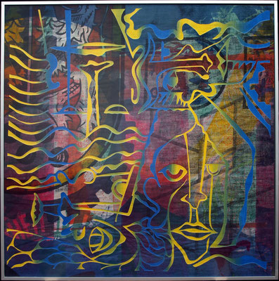 Reinhold Lutter, Titel: Portraitquartett No. 4, Serie No. 1 bis 5, 1989, Technik: Siebdruck auf Baumwollläufer, 80 x 80 cm
