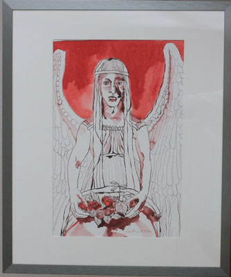 Susanne Haun, Titel: Roter Engel mit Rosen, 2011, Zeichnung mit Feder, Pinsel und Tusche, 60 x 50 cm