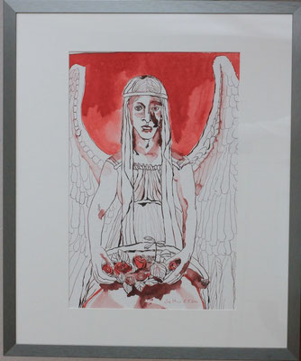 Susanne Haun, Titel: Roter Engel mit Rosen, 2011, Technik: Zeichnung mit Feder, Pinsel und Tusche, 60 x 50 cm